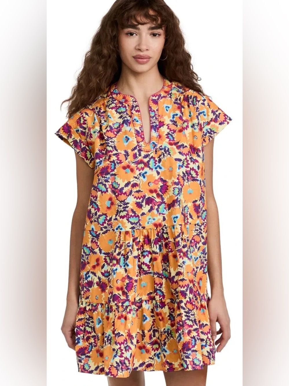 SALONI 100% Cotton Floral Tiered Mini Dress Tunic US 4 UK 8 Orange Embroidered